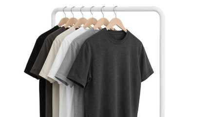 Neutral T-Shirts Hanging on a White Garment Rack on an Isolated Transparent Backdrop
