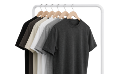 Neutral T-Shirts Hanging on a White Garment Rack on an Isolated Transparent Backdrop