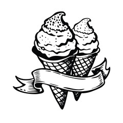 Ice Cream Cone Woodcut Vector Illustration - Vintage Summer Dessert Engraving with Banner Logo