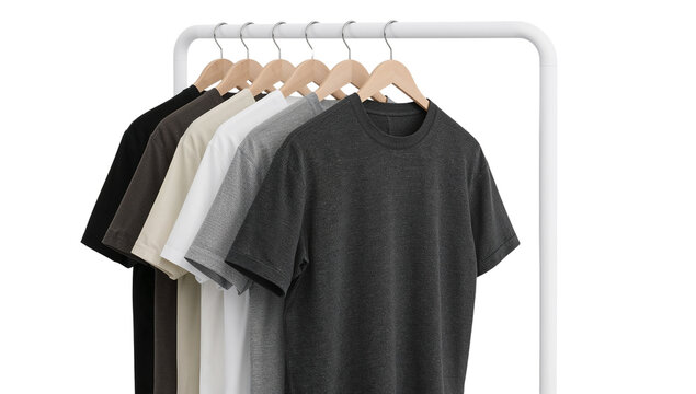 Neutral T-Shirts Hanging on a White Garment Rack on an Isolated Transparent Backdrop