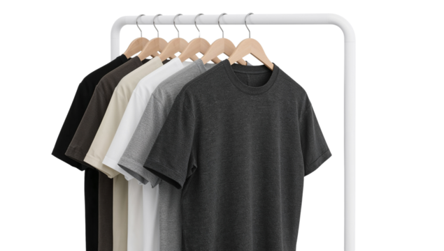 Neutral T-Shirts Hanging on a White Garment Rack on an Isolated Transparent Backdrop - Powered by Adobe