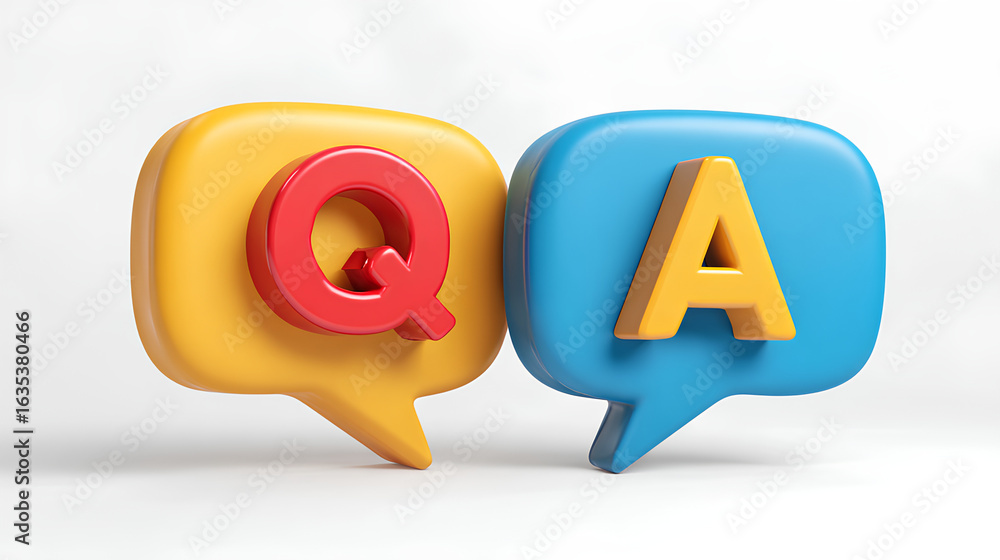 Poster qa 3d icon. letters q and a in chat bubbles. question and answer concept. faq, frequently asked ques