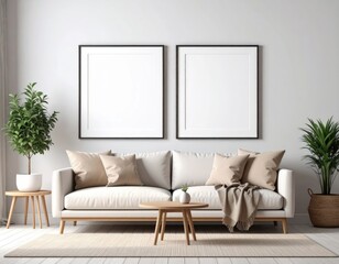 Minimalist Living Room with Blank Frames Beige Sofa and Green Plants.