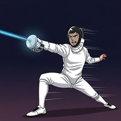 Fencer ready to attack with foil and wearing protective equipment