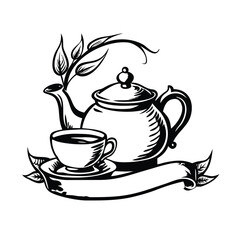 Teapot & Tea Leaves Woodcut Vector Illustration - Vintage Herbal Engraving with Banner