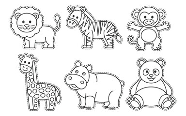 Scissor Skills Black and white cartoon safari animals with dashed cut lines