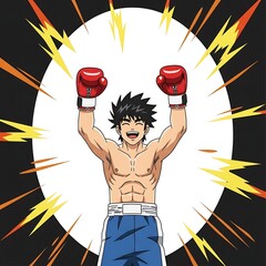 Anime Boxer Celebrating Victory with Energy Background, Athletic Cartoon Style