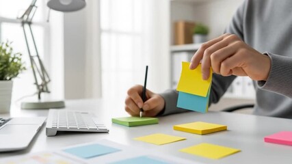 Conceptualizing ideas using sticky notes at a bright workspace