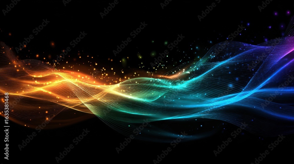 Poster colorful waves of light in beautiful flowing patterns with sparkling effects in a dark background, p