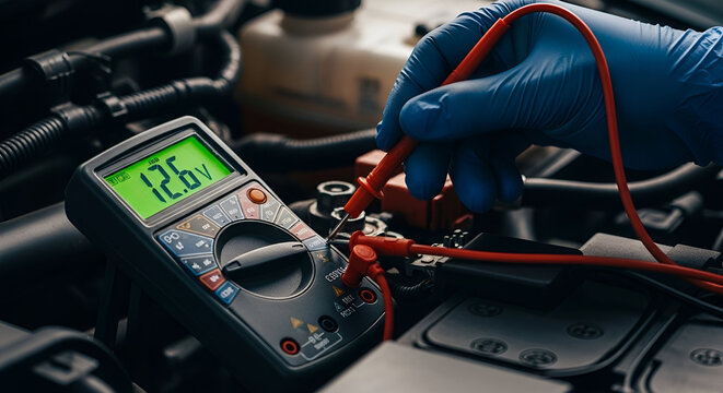 Close-up of a Mechanic Testing Electrical System with a Multimeter in a Vehicle Engine Compartment