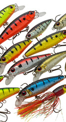 Colorful Fishing Lures Arranged Against a Black Transparent Background Photo