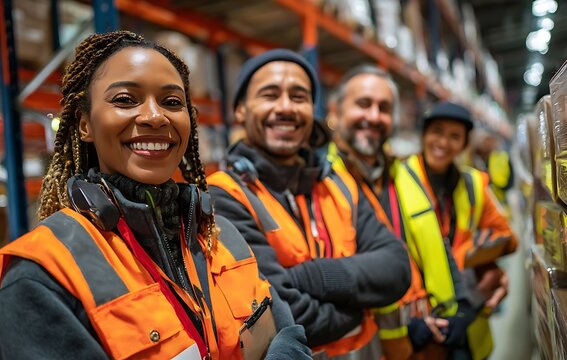 Smiling Diverse Warehouse Team Portrait