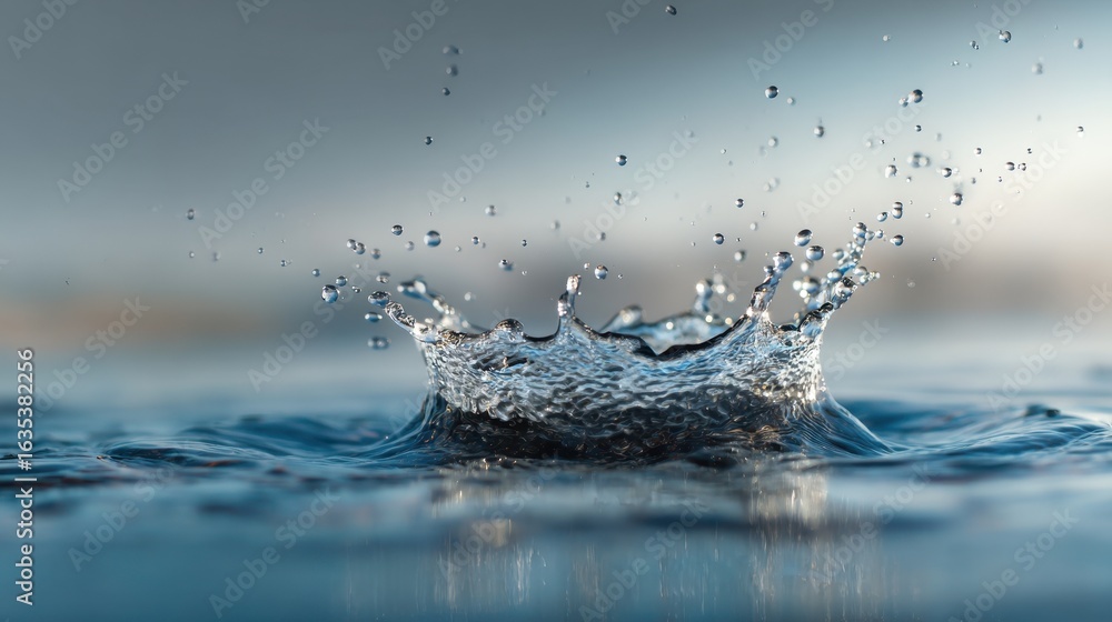 Poster close-up splash of water droplets on calm surface with beautiful bokeh effect and soft natural light
