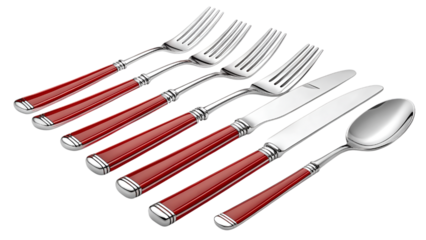 set of tools for red silverware forks spoon and knife isolated on transparent background