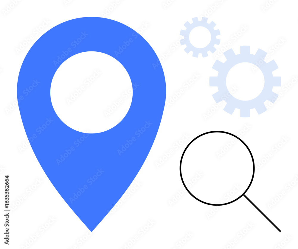Poster blue map pin with magnifying glass and gears symbolizing location, search, exploration, optimization