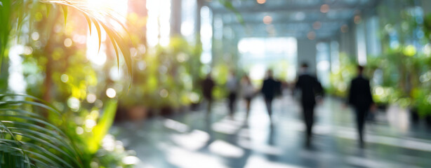 Obraz premium Vibrant scene of business people walking through lush, green indoor space filled with plants, creating refreshing atmosphere