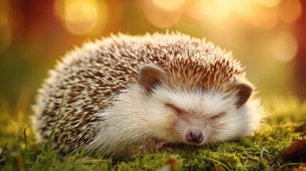 Obraz premium Adorable hedgehog peacefully sleeping on soft moss under gentle sunlight in a tranquil forest setting with blurred natural background colors