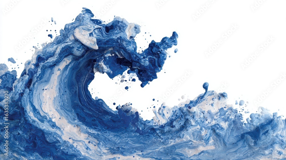 Poster bold blue wave splash with swirling foam and dynamic movement against a white background for artisti