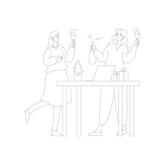 Clean line art illustration of two women celebrating Christmas at the office with champagne, laptop, and gift boxes. Ideal for festive, holiday, and workplace projects.