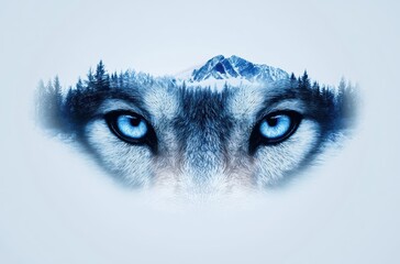 Majestic Wolf Eyes Over Snowy Mountain Landscape with Pine Trees