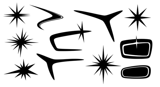 A collection of black mid-century modern vector elements. Features atomic age starbursts, boomerangs, and abstract symbols from the 1950s & 1960s. Retro futuristic style.
