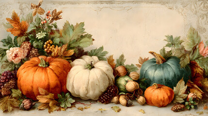 A cute thanksgiving or falll themed border with blank copyspace for a custom message - pumpkins, leaves and fall elements make a border for signage, menu invitation or poster, vintage illustration