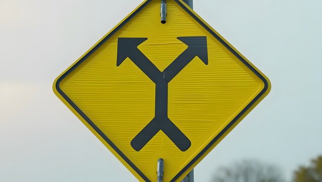 Yellow Road Sign Indicating A Fork With Two Possible Directions