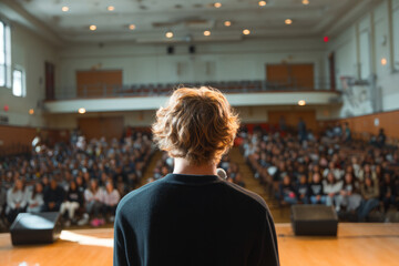 Late morning in a school auditorium with rows of chairs and a stage A young person is giving a speech about equality and justice