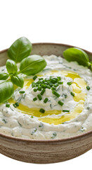 Creamy White Yogurt Dish with Fresh Herbs in Brown Ceramic Bowl