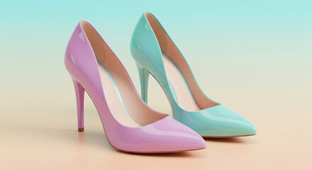Naklejka premium Modern minimalist 3d render of a pair of elegant pastel high-heeled shoes in pink and turquoise on a gradient background
