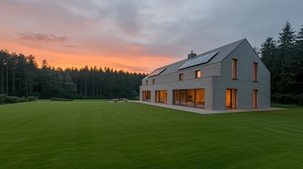 Obraz premium Contemporary House Surrounded by Green Lawn and Sunset View