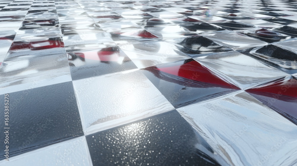 Aufkleber glossy black and white checkerboard pattern with reflections and light effects on surface in modern 