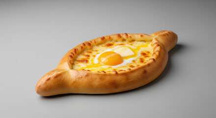 Studio shot of a traditional adjaruli khachapuri, a georgian cheese bread with egg and butter, isolated on a clean grey background