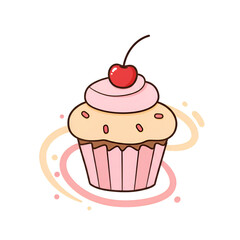 Cartoon Cupcake Dessert With Cherry And Pink Frosting Illustration Isolated