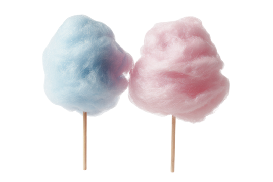 Two fluffy cotton candy clouds, light blue and pink, positioned close together, as if kissing, on wooden sticks against a plain background