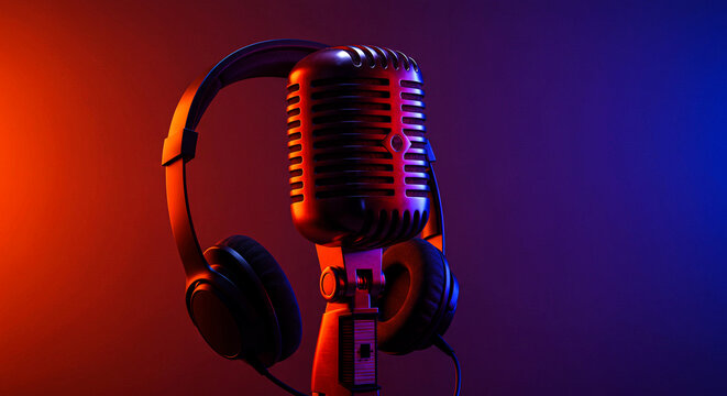 Microphone and Headphones on Gradient Background, Podcast Recording Equipment for Audio Production, Music Creation