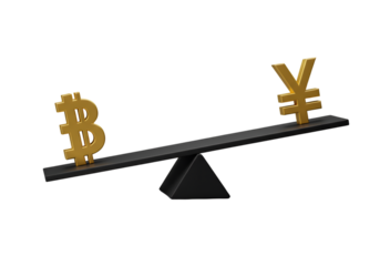 Bitcoin And Yen Symbol Balanced On See-Saw Against Black Background