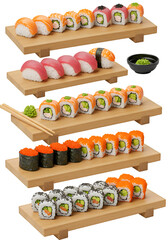 Assortment Of Fresh Sushi Rolls With Salmon Tuna And Avocado On Wooden Boards Photo