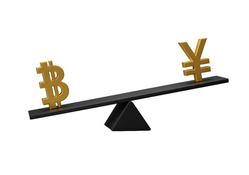 Bitcoin And Yen Symbol Balanced On See-Saw Against Black Background