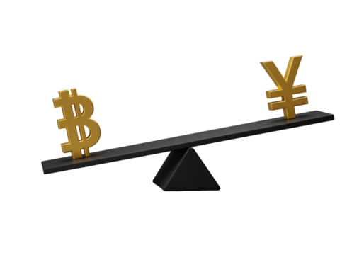 Bitcoin And Yen Symbol Balanced On See-Saw Against Black Background