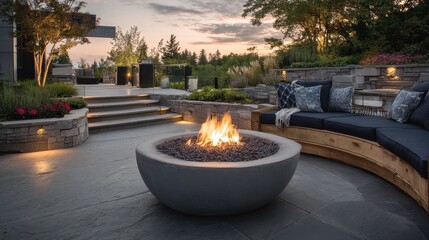 Backyard fire pit at sunset, luxury patio, landscaping design