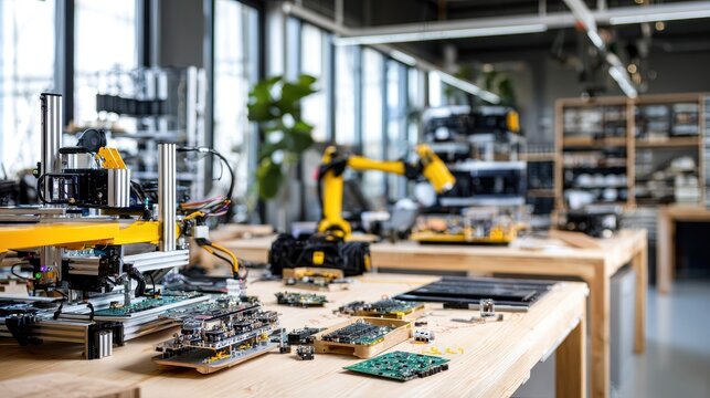 Robotics lab assembling robotic arm components on wooden table, with other robots and equipment in background; for engineering or technology publications