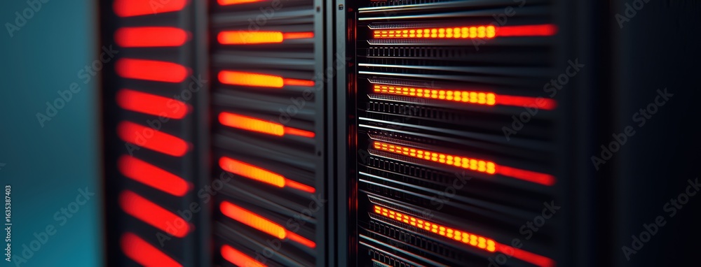 Poster close-up view of server rack with blinking red lights in data center