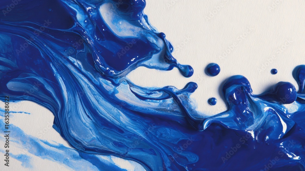 Aufkleber abstract fluid artwork with vibrant blue paint creating dynamic swirls and drips on white background