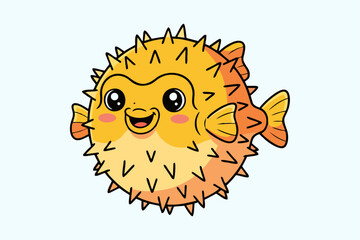 Cute vector pufferfish with spines, yellow and orange flat colors, cartoon expression.eps