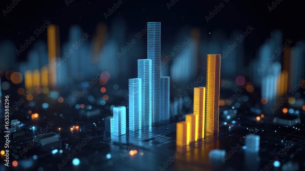 Poster digital city skyline with glowing skyscrapers representing data visualization, technology concepts, 