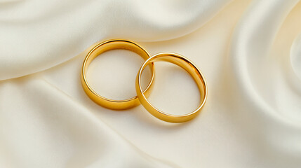 A pair of gold wedding rings with delicate details rests on the table