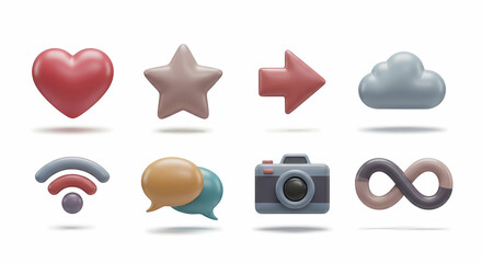 A colorful inflatable 3D illustration of a user interface icon set, featuring glossy symbols for social media and web design.
