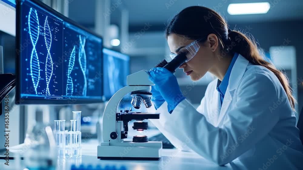 Aufkleber scientist in lab analyzing dna under microscope with science research background.