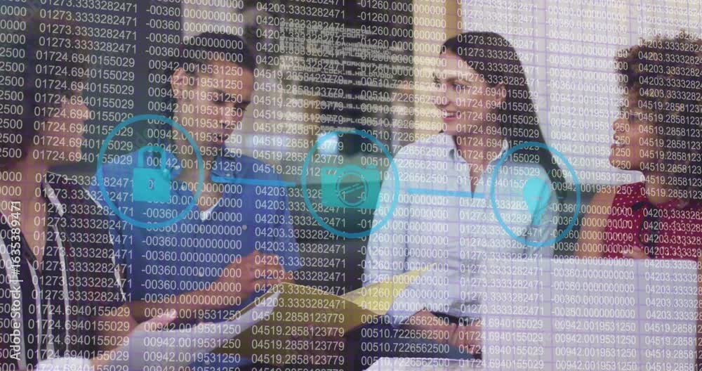 Poster woman tapping circular icon while team sliding and pointing holographic data for business review